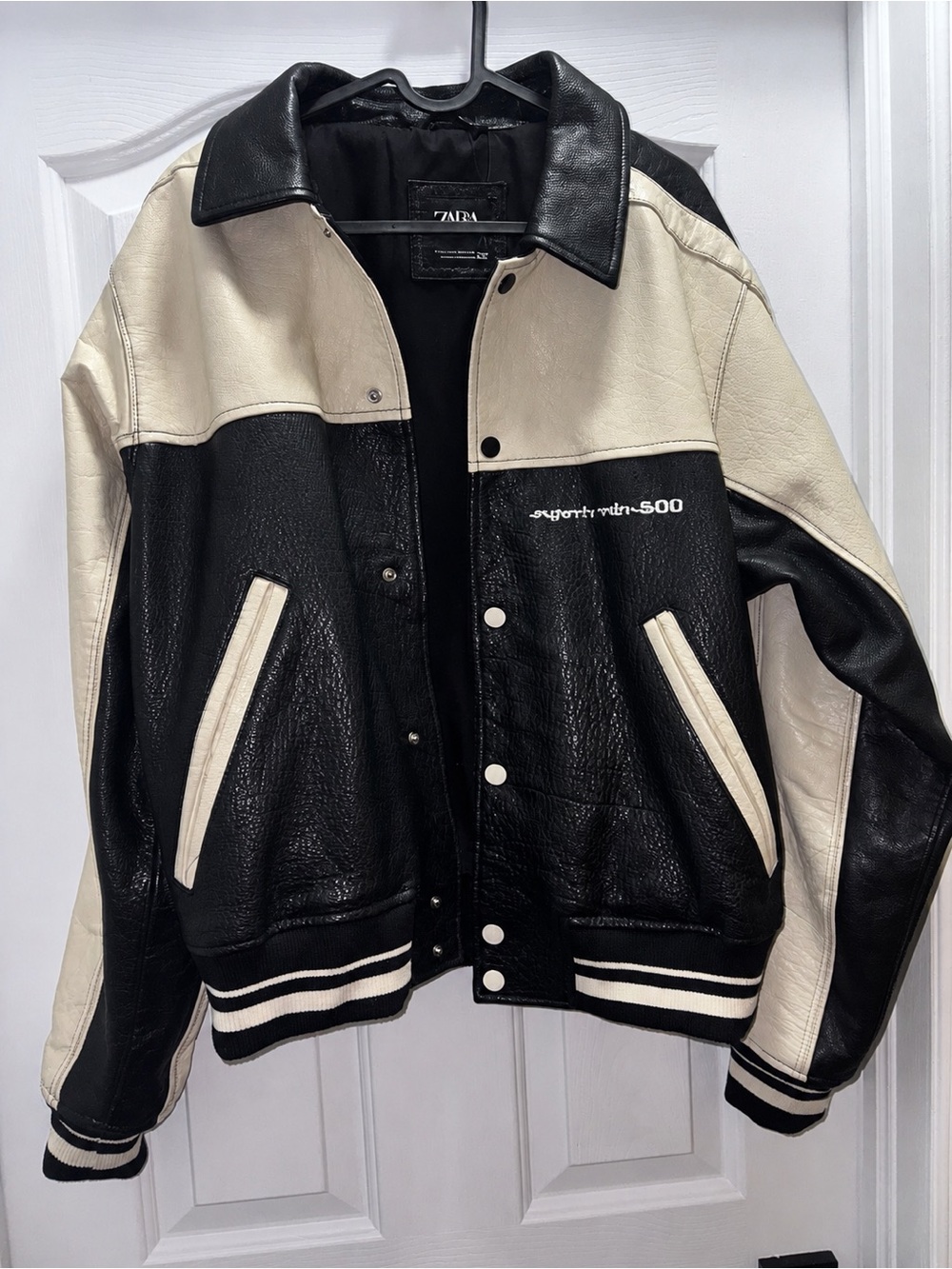 Zara Black and Cream Leather Varsity Jacket